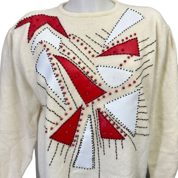 TED LAPIDUS Angora Lambswool Knit Patchwork Vintage‎ Sweater Puff Sleeves sz M - Picture 2 of 11